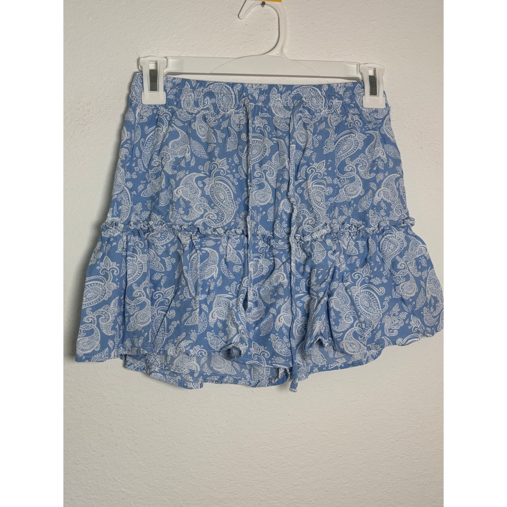 Zara Paisley Print Ruffle Mini Skort Blue White Elastic Waist XS